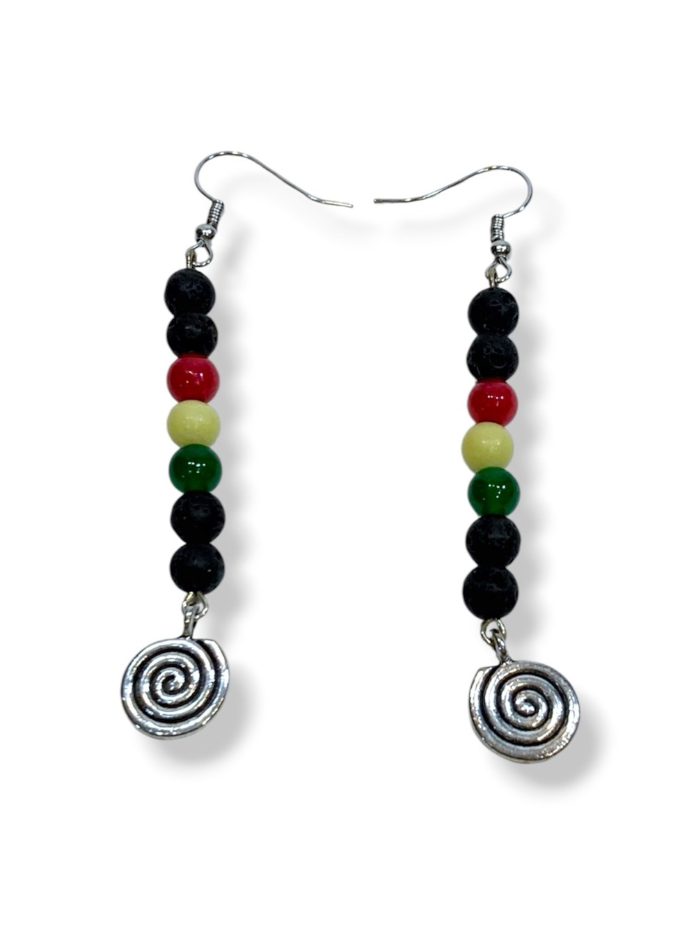 Handmade Rasta Reggae gemstone Drop Earrings with spiral Accents